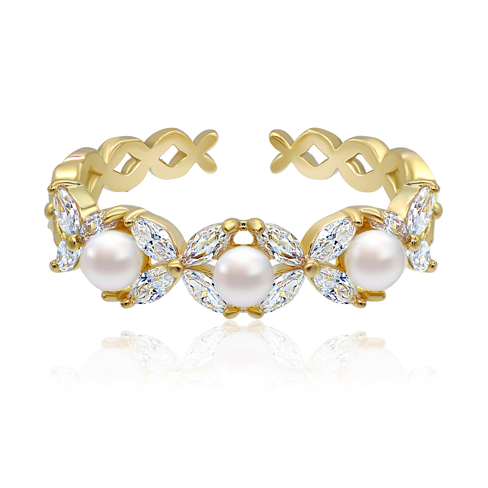 Triple White Pearl and CZ Ring in Gold Plated